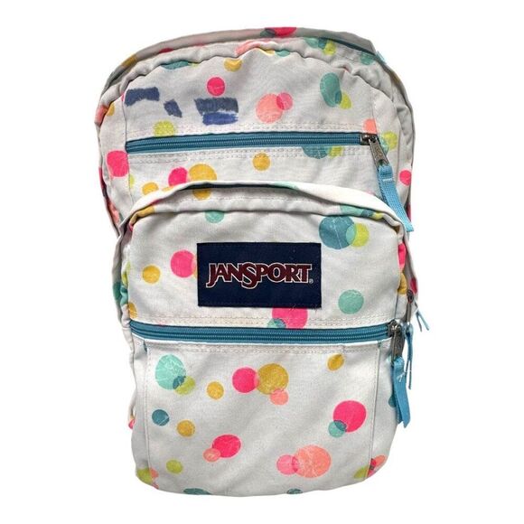 Jansport White Pink Yellow Polka Dot Print Backpack  Multiple Pockets READ - Picture 1 of 12